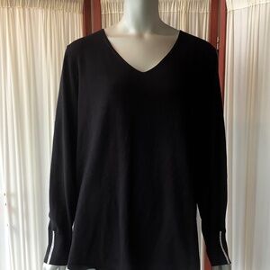 Chicos Womens Black Knit Top Long Sleeve w/ Silver Stripe V Neck Size XXL